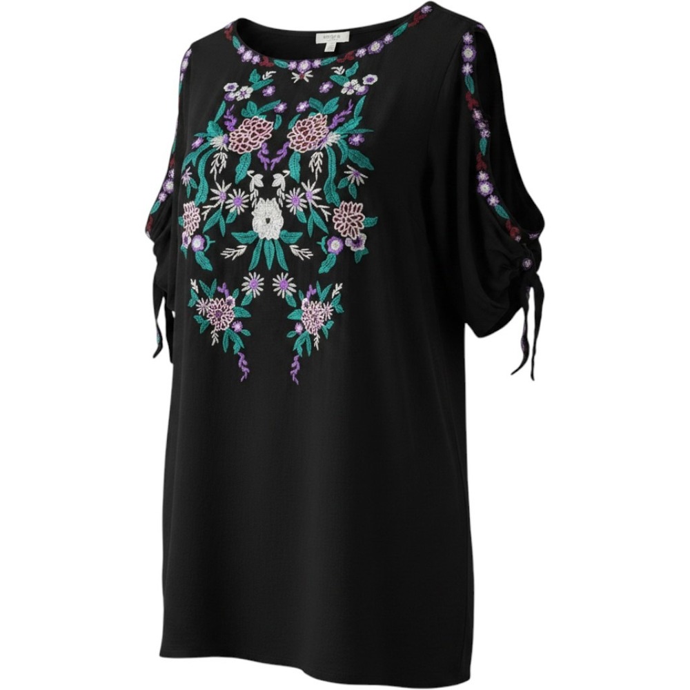 Umgee USA Black Floral Embroidered Cold Shoulder Tie Sleeve Top Women's Medium